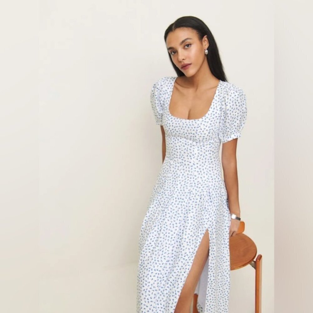 NEW Reformation Coucou Midi Linen Dress Hanna White Blue Floral | US 4 UK 8 - Picture 4 of 16